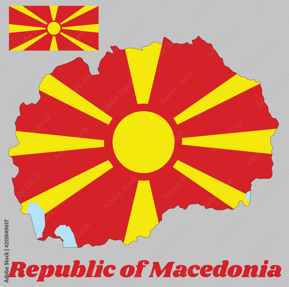 Map outline and flag of Macedonia, a stylised yellow sun on a red field, with eight broadening rays extending from the centre to the edge of the field. with name text Republic of Macedonia.