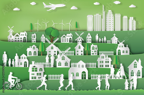 landscape of peoples exercise and relax in the morning city on summer, fresh air in the park as nature, healthy, paper art and craft style concept. vector illustration