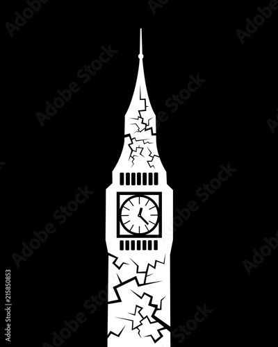 Big ben with french colors and cracks - decline, decay, problems and failure leading to collapse of landmark of Great Britain and England. Vector illustration