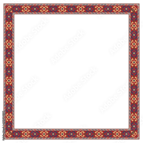 Square frame with geometric, Georgian ethnic pattern. Traditional colors, embroidery style.