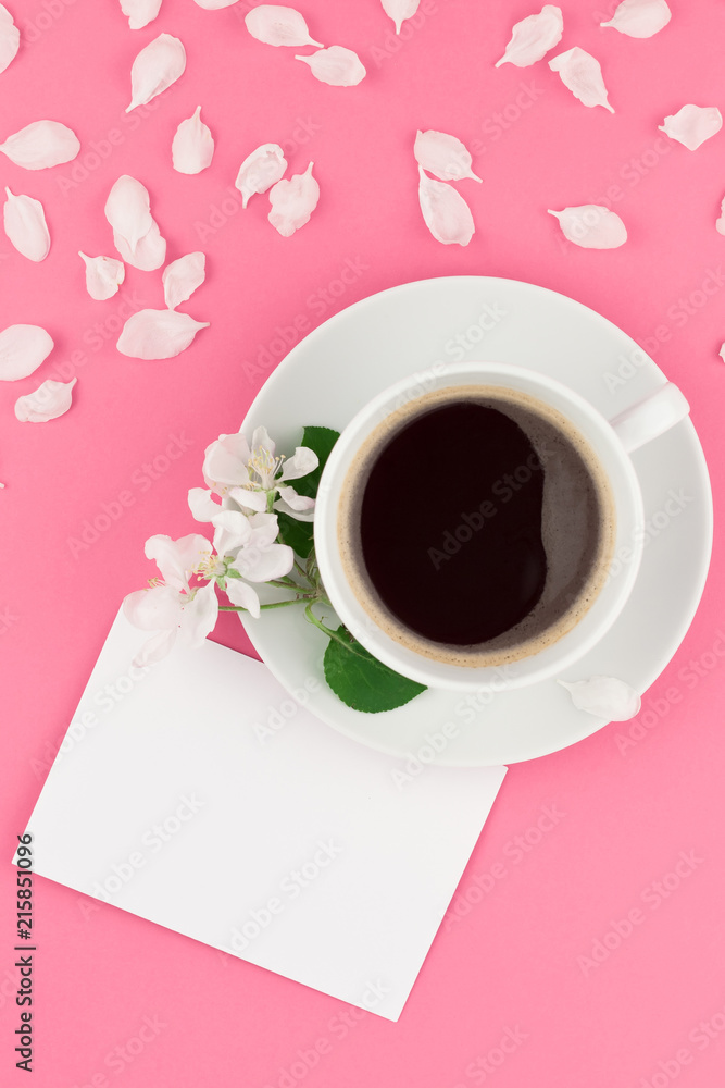 Flat lay of coffee, letter mockup and white petals Flat lay of coffee, letter mockup and white petals