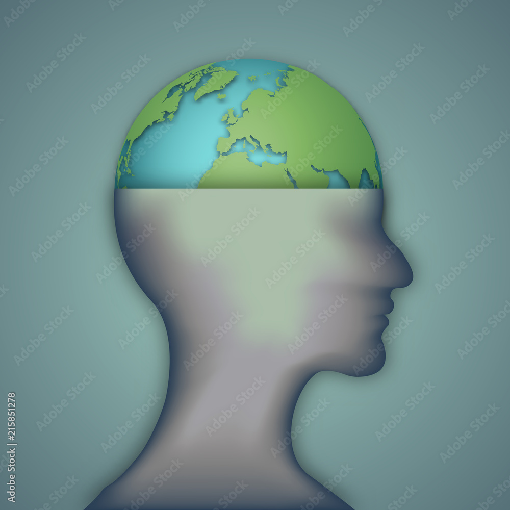 Green earth brain on human head isolated as business, science, ecology idea, intelligent world, paper carve art and craft style concept. vector illustration. Green earth brain on human head isolated as business, science, ecology idea, intelligent world, paper carve art and craft style concept. vector illustration.