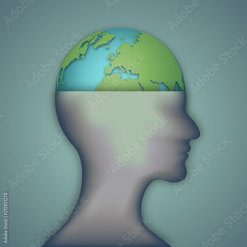 Green earth brain on human head isolated as business, science, ecology idea, intelligent world, paper carve art and craft style concept. vector illustration.