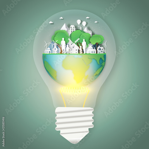 Happy family with house on summer, fresh air in the park in the light bulb as nature, healthy, paper art and craft style concept. vector illustration.