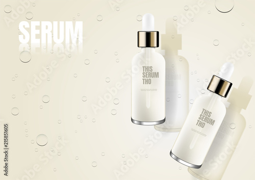 Two bottles of serum on water drop floor
