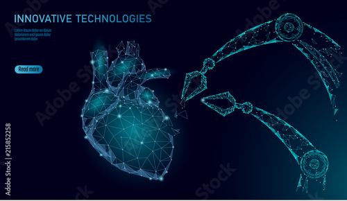 Robotic heart surgery low poly. Polygonal cardiology surgery procedure. Robot arm manipulator. Modern innovative medicine science automation technology. Triangle 3D render shape vector illustration