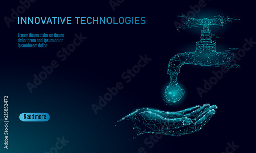 Save water low poly concept. Polygonal triangle ecology planet ocean sea safety banner. Water tap drop leak fix nature global environment care world day vector illustration