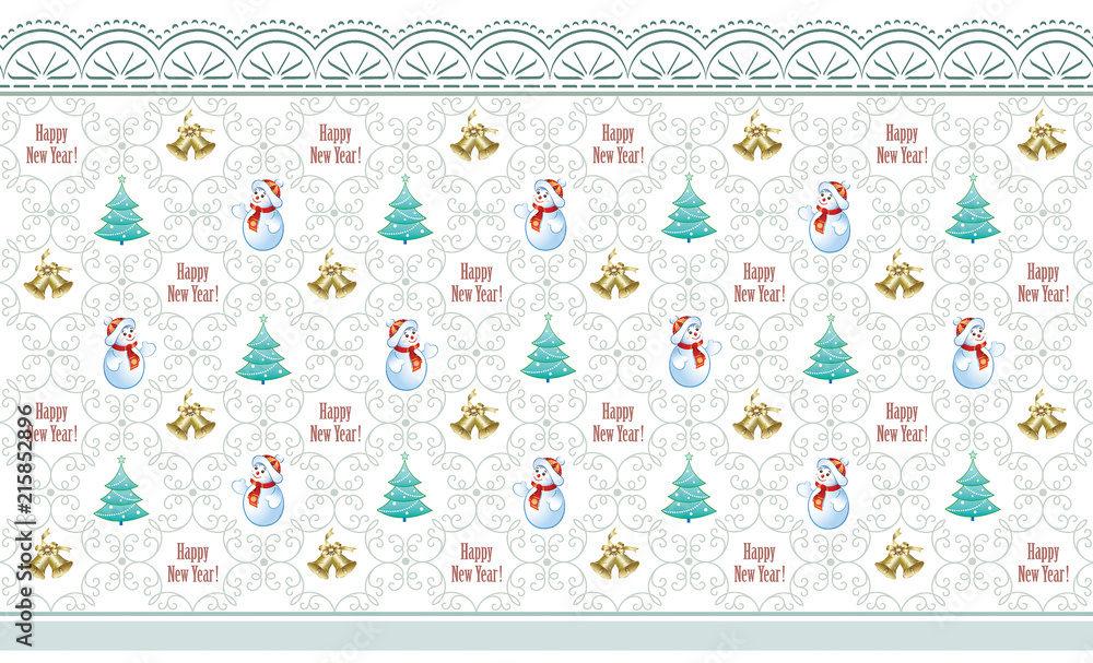 Christmas background packing with bells, Christmas trees and a snowman