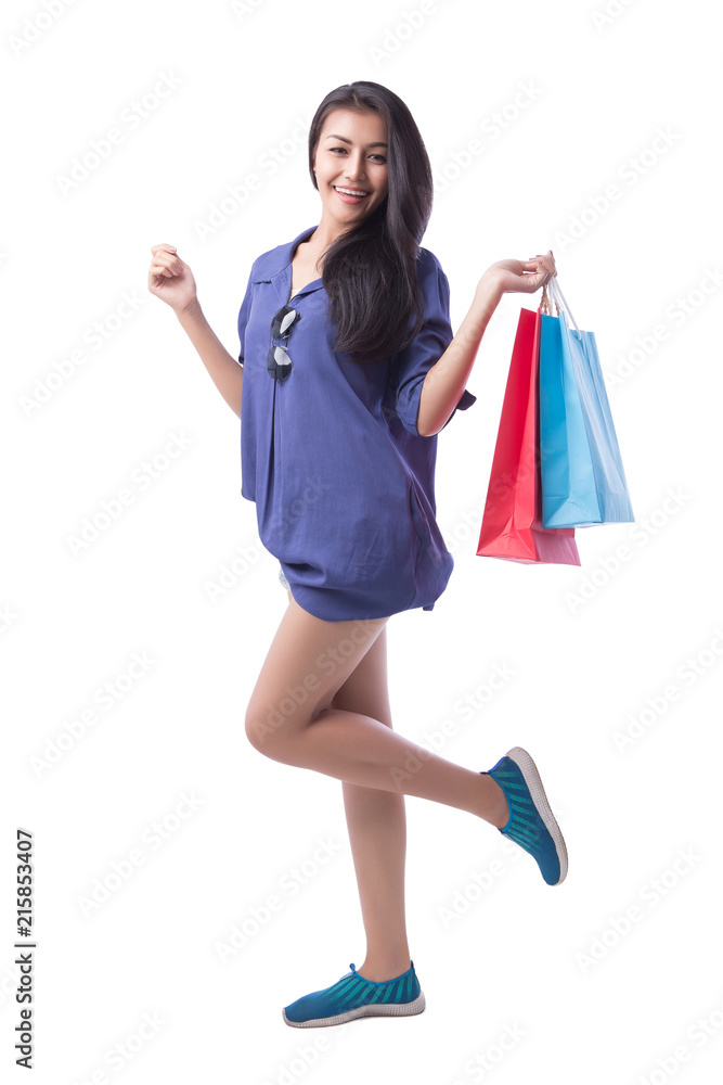 Beautiful woman holding a paper bag on isolated background. with clipping path Beautiful woman holding a paper bag on isolated background. with clipping path