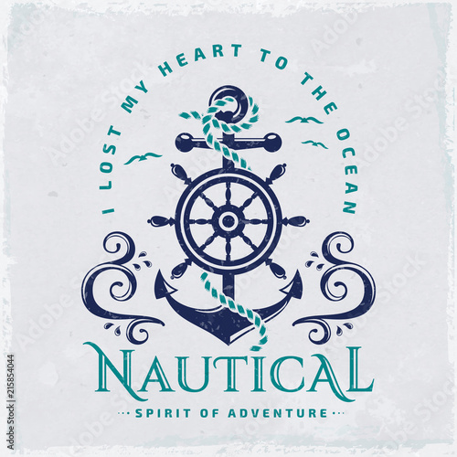 Vector emblem with anchor and steering wheel. Nautical illustration.