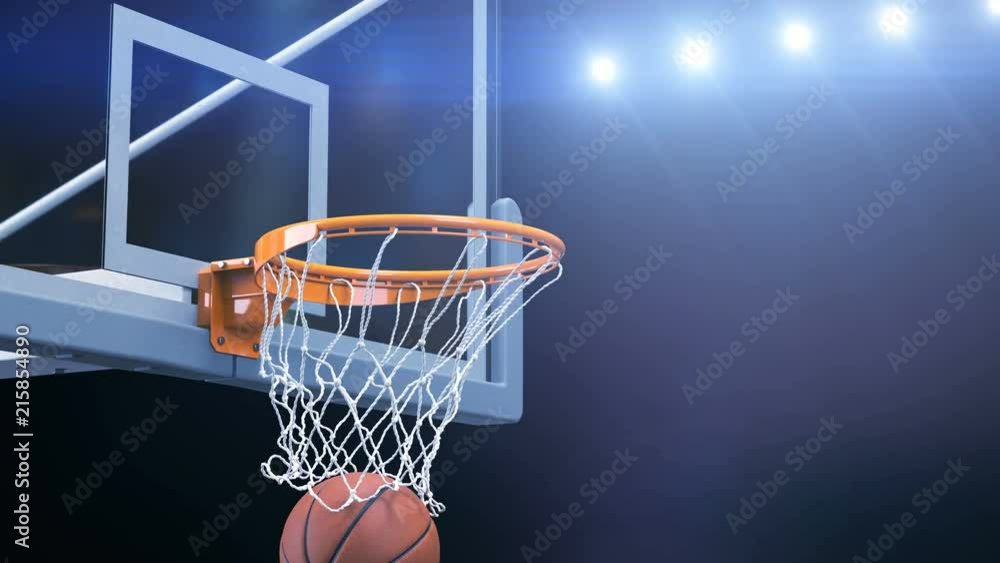 Beautiful Basketball Ball Hits Basket Net Slow Motion Close-up Camera Fly. Ball Flies Spinning into Basketball Hoop with Blue Stadium Lights. Sport Concept 3d Animation 4k Ultra HD 3840x2160. Beautiful Basketball Ball Hits Basket Net Slow Motion Close-up Camera Fly. Ball Flies Spinning into Basketball Hoop with Blue Stadium Lights. Sport Concept 3d Animation 4k Ultra HD 3840x2160.