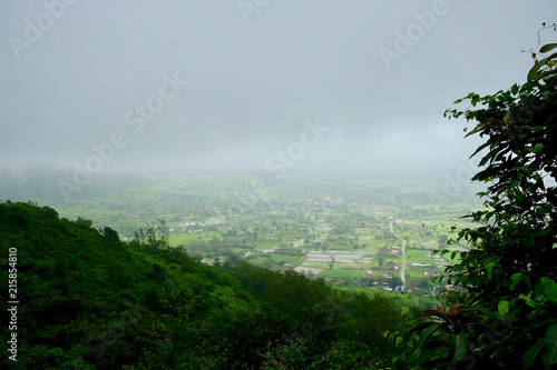 lush green landscape of mountain and hills in monsoon season  Purandar  Maharashtra  India