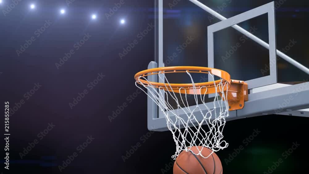 Beautiful Basketball Ball Hits Basket Net Slow Motion Close-up Photo Flashes. Ball Flies Spinning into Basketball Hoop with Stadium Lights. Sport Concept 3d Animation 4k Ultra HD 3840x2160. Beautiful Basketball Ball Hits Basket Net Slow Motion Close-up Photo Flashes. Ball Flies Spinning into Basketball Hoop with Stadium Lights. Sport Concept 3d Animation 4k Ultra HD 3840x2160.