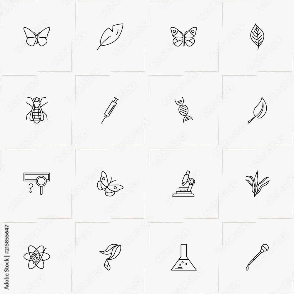 Obraz premium Biology line icon set with atom, butterfly and leaf
