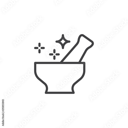 Magic mortar and pestle outline icon. linear style sign for mobile concept and web design. Fantasy potion simple line vector icon. Symbol, logo illustration. Pixel perfect vector graphics