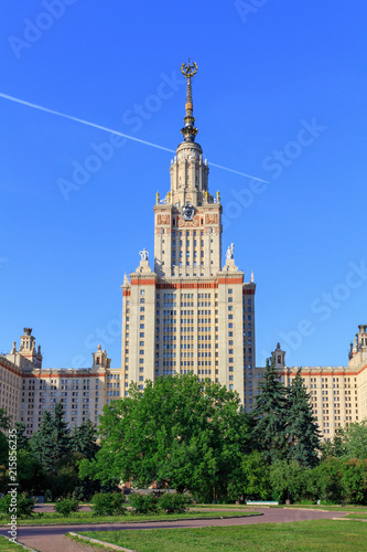 View of Lomonosov Moscow State University (MSU) against blue sky in sunny summer evening