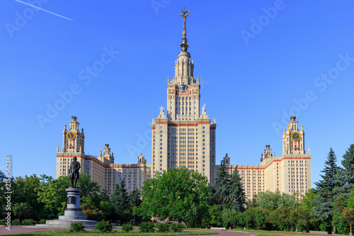 View of Moscow State University (MSU) and Monument to Lomonosov against blue sky in sunny summer evening