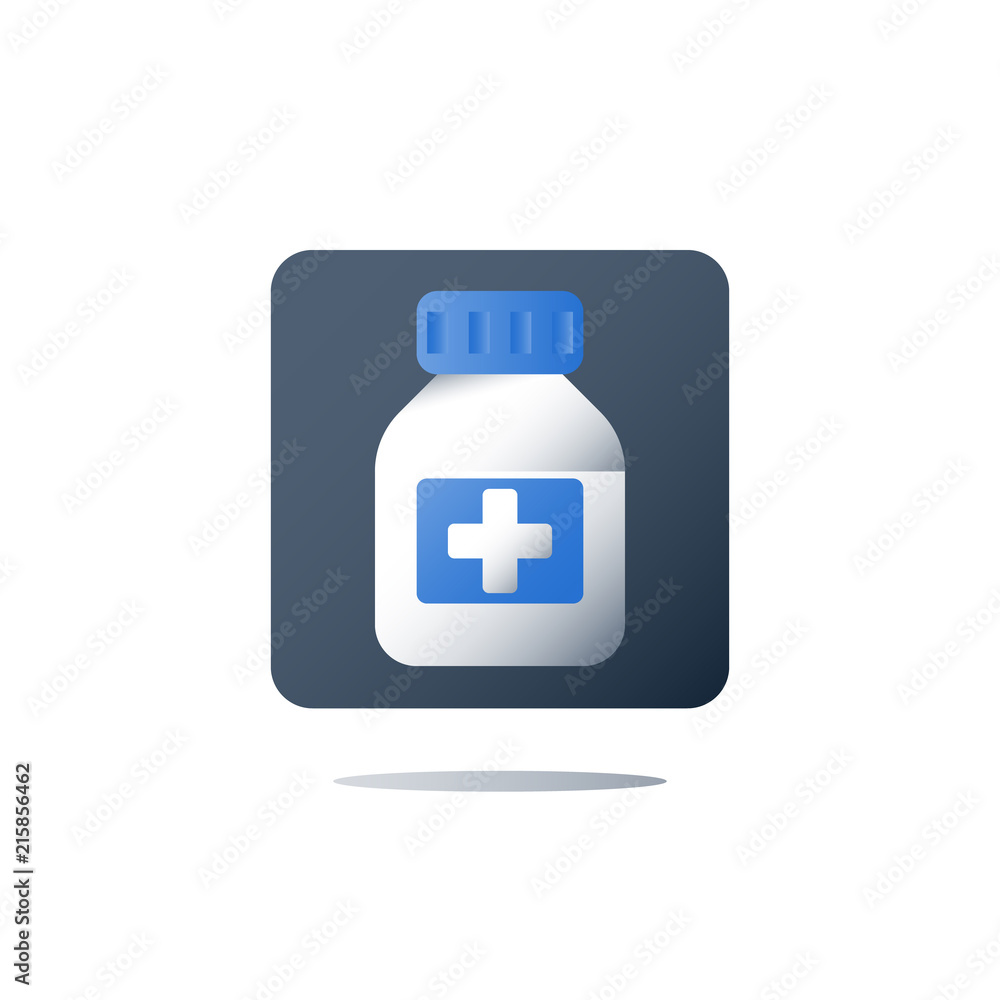 Treatment medication, medicine and pharmacy concept, white bottle with blue cross, medical services, health care insurance Treatment medication, medicine and pharmacy concept, white bottle with blue cross, medical services, health care insurance