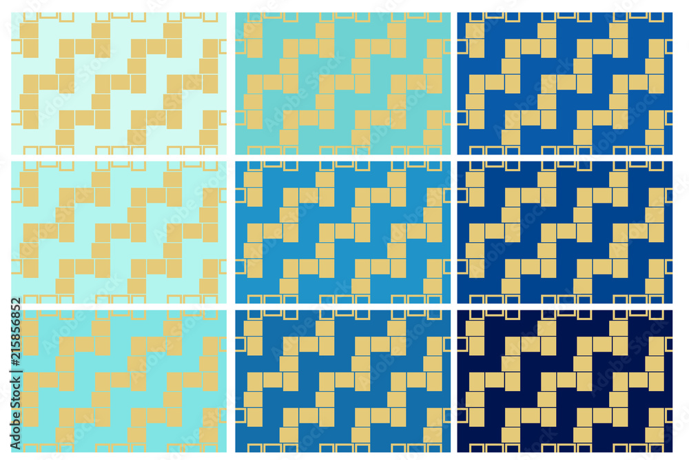 Set of 9 seamless pattern textures of golden rectangular geometric shapes over Blue shades background template Vector illustration Set of 9 seamless pattern textures of golden rectangular geometric shapes over Blue shades background template Vector illustration