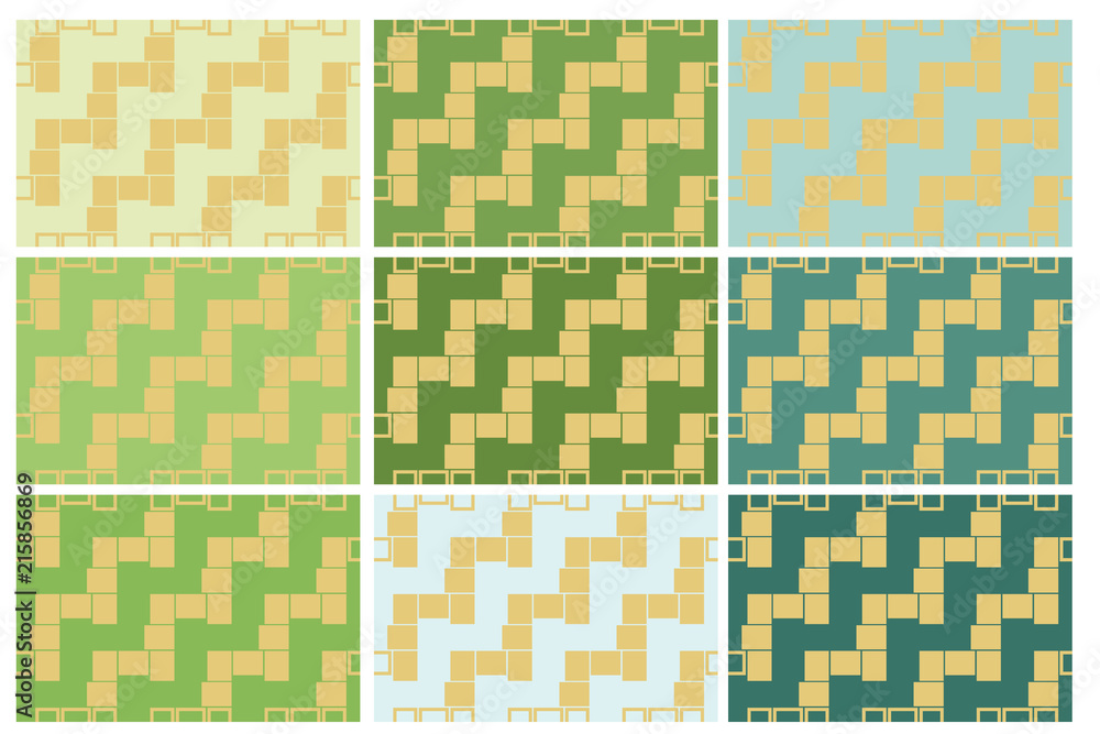 Set of 9 seamless pattern textures of golden rectangular geometric shapes over green shades background template Vector illustration Set of 9 seamless pattern textures of golden rectangular geometric shapes over green shades background template Vector illustration
