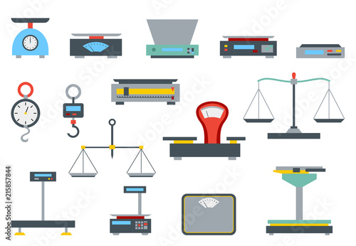 Flat store weigher. Collection of electronic and mechanical scales for shop. Business sale objects. Measurement of grocery products. Isolated on white vector illustration