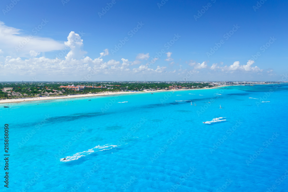 Fototapeta premium Cancun Mexico from birds eye view Cancun's beaches with hotels and turquoise Caribbean sea
