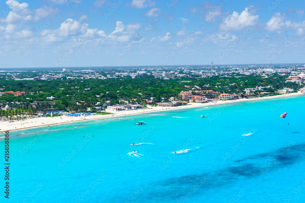 Cancun aerial view of the beautiful white sand beaches and blue turquoise water of the Caribbean ocean
