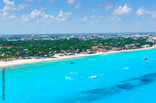 Cancun aerial view of the beautiful white sand beaches and blue turquoise water of the Caribbean ocean