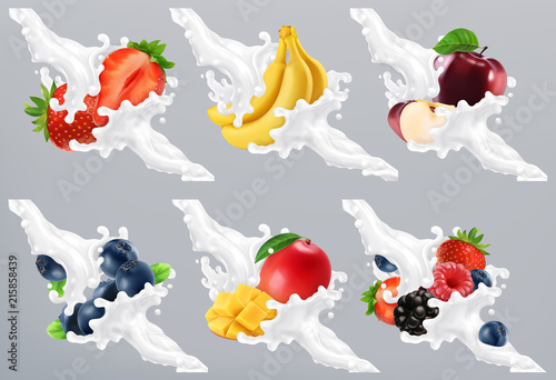 Fruits and berries in milk splash, yogurt. Strawberry, banana, apple, blueberry, mango. 3d realistic vector
