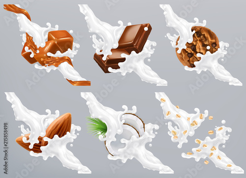 Chocolate, caramel, coconut, almond, biscuit, oats in milk splash. Yogurt 3d realistic vector