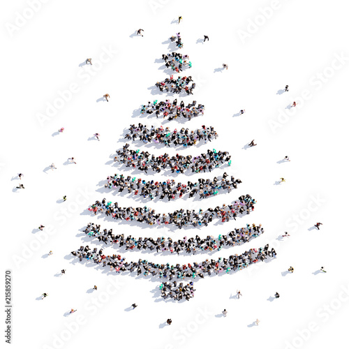 A lot of people form Christmas tree, children's drawing . 3d rendering.