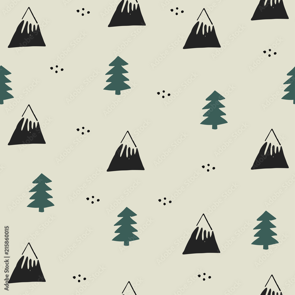 Obraz premium Kid pattern with wild landscape with forest and mountain. Hand drawn style illustration in scandinavian design.