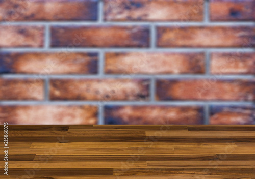 Background with empty wooden table. Flooring. Texture of natural brick