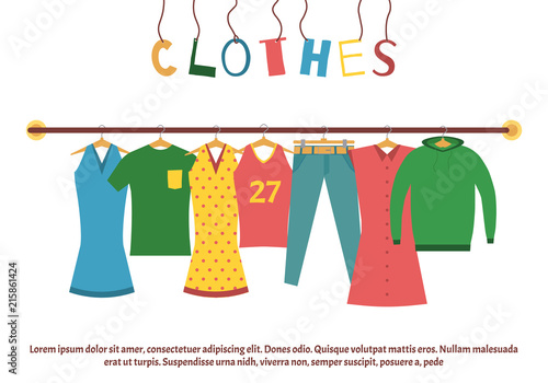 Men's and woman's clothes on hangers. Clothing store. Boutique indoor Fashion store. Flat style vector illustration.