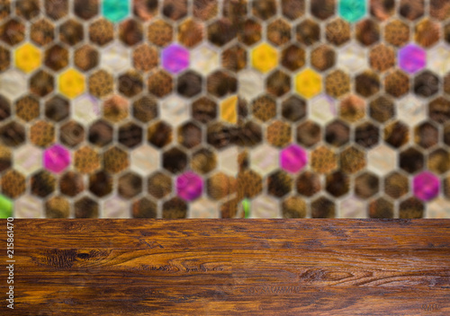 Background with empty wooden table. Flooring Mosaic for the bathroom