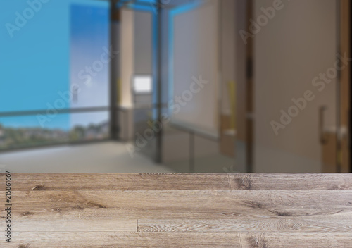 Background with empty wooden table. Flooring. Modern office Cabinet.