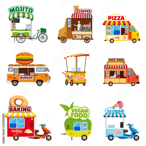 Set of street vehicles, buses, minivans, trucks, kiosks, pizza, BBQ, ice cream, vegan food, hot dog, baking, vector, illustration, isolated, cartoon style