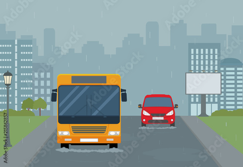 Rain in the city. Modern urban landscape. Flat style, vector illustration. 
