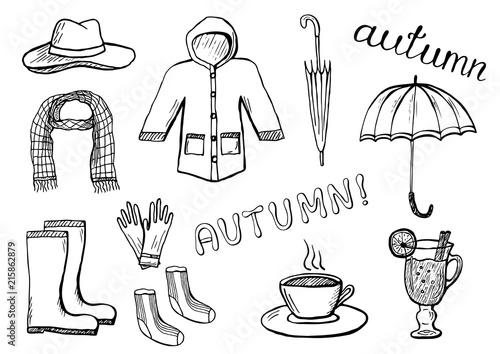 Set of hand drawn autumn clothes and accessories. Black and white vector illustration isolated on white background. Pencil or ink drawing