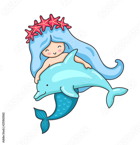 Cartoon mermaid in a wreath of red starfish, with cute little dolphin. Vector illustration.