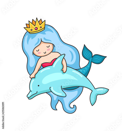 Mermaid with wavy long blue hair and dolphin. Vector illustration.