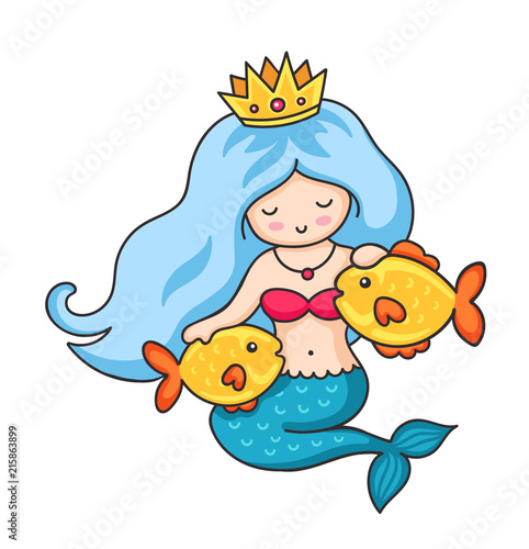 Cute princess mermaid with crown and two golden fish. Cartoon character. Vector illustration.