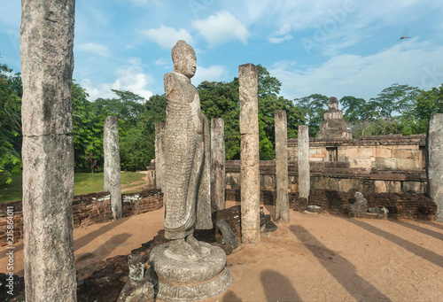 Columns, ruins and 12th century buddhist temple statues, Sri Lanka. Ancient town Polonnaruwa. UNESCO World heritage Site
