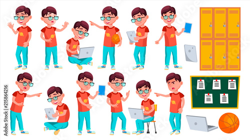 Boy Schoolboy Kid Poses Set Vector. Primary School Child. Schooler. Young People. University, Graduate. For Advertising, Placard, Print Design. Isolated Cartoon Illustration