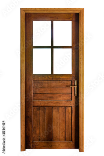 A wooden glazed door with its casing isolated on white background