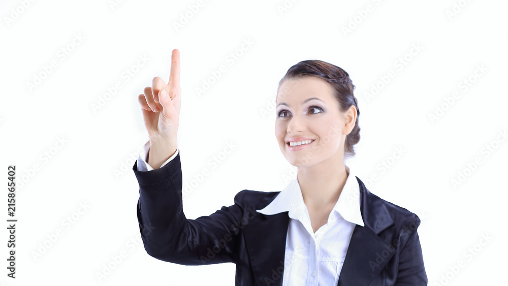 successful business woman pointing up on copy space successful business woman pointing up on copy space