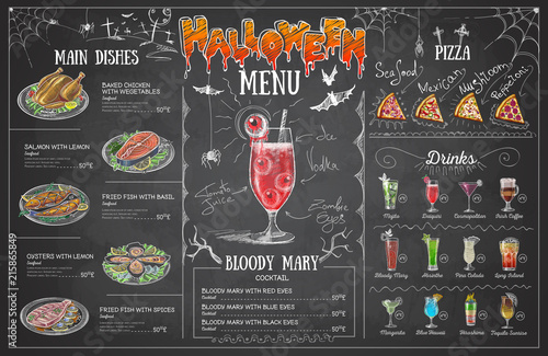 Vintage chalk drawing halloween menu design. Restaurant menu