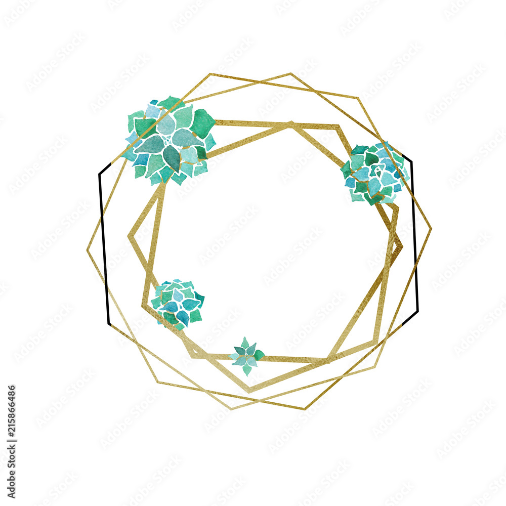 Watercolor succulents and golden hexagon and poligons geometrical minimalist frame Watercolor succulents and golden hexagon and poligons geometrical minimalist frame