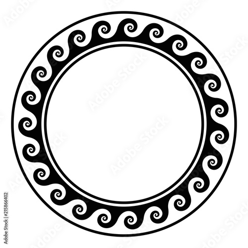 Black circle frame with running dot pattern. Seamless spiral meander design. Waves shaped into repeated motif. Scroll pattern. Decorative border. Also called Vitruvian wave or Vitruvian scroll. Vector