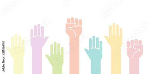 Colorful fists hands up vector illustration. Concept of unity, revolution, fight, cooperation. Vector illustration, flat design